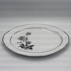 Vintage Fine China Oval Serving Platter White Grayscale Rose Silver Trim Scallop